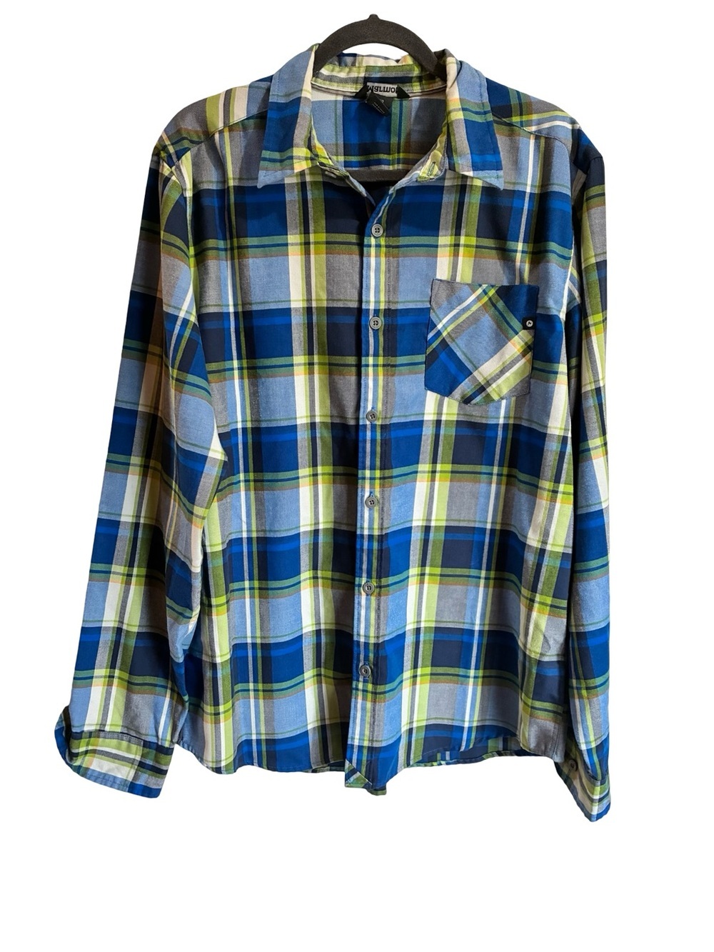 Marmot Blue and Lime Plaid Button-Down Shirt